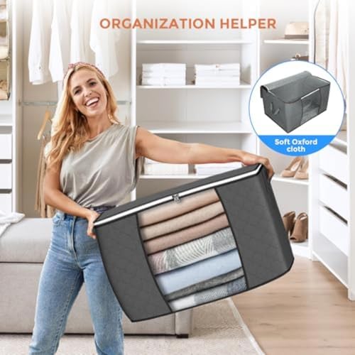 Image of 90L Large Storage Bags, 10 Pack Clothes Storage Bins Closet Organizers | Foldable Storage Containers, with Reinforced Handle, for Clothing, Blanket, Comforters, Bed Sheets, Pillows and Toys,Gray