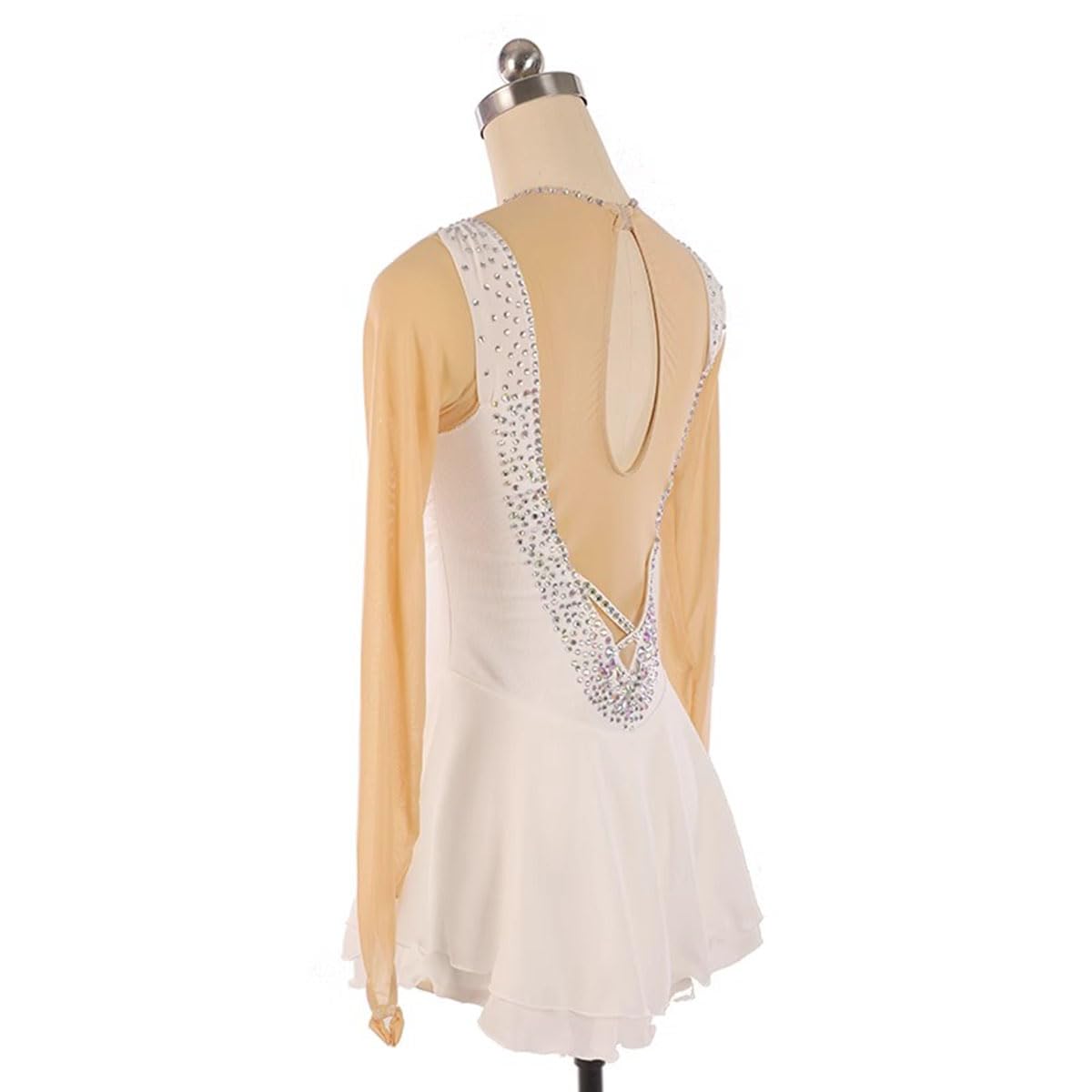Maillot de Patinaje Artistico para Niña Manga Larga de Danza Ballet con Falda Tul Vestido con Pedrería Vestido de Danza Ballet Mujer Maillot de Gimnasia con Manga Larga,Blanca,M