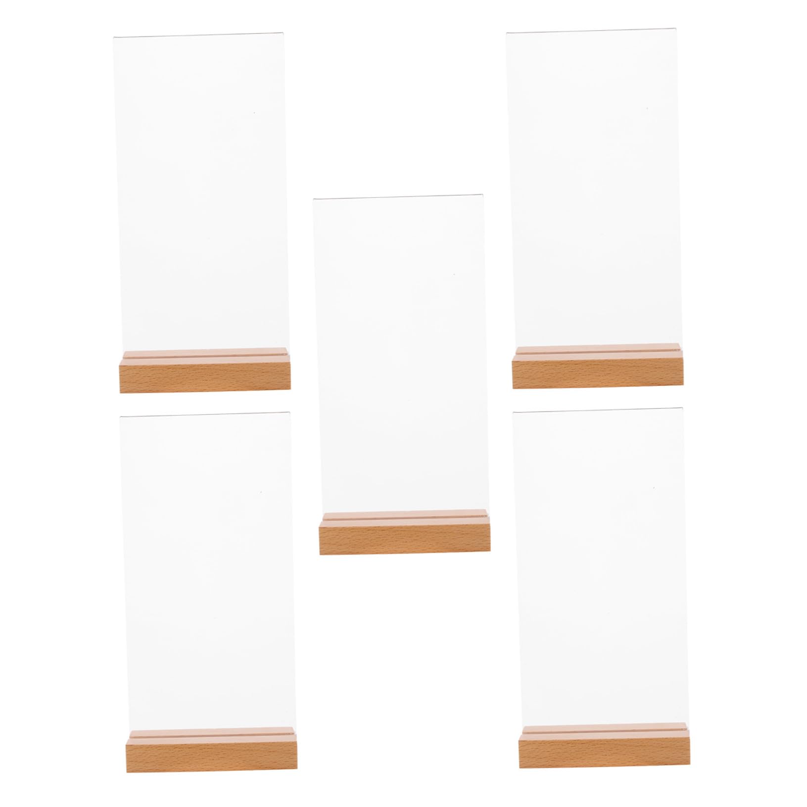 5 Piezas Soporte para Carteles Acrílico Transparente con Base Madera Exhibidor T Doble Cara para Menús Soporte Plástico para Publicidad Restaurantes Bodas y Tiendas de Unidades