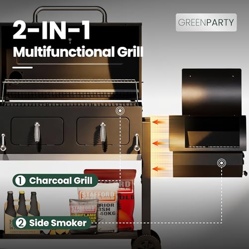 Image of 30 Inch Barrel Charcoal Grill and Offset Smoker for Outdoor Cooking BBQ | 1015 Sq In Cooking Area, Porcelain-Enameled Steel Wire Grates, 2 Height-Adjustable Charcoal Pans