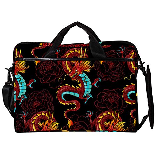 Funda bandolera de portátil de 15 pulgadas con diseño premium de dragón tradicional y flores