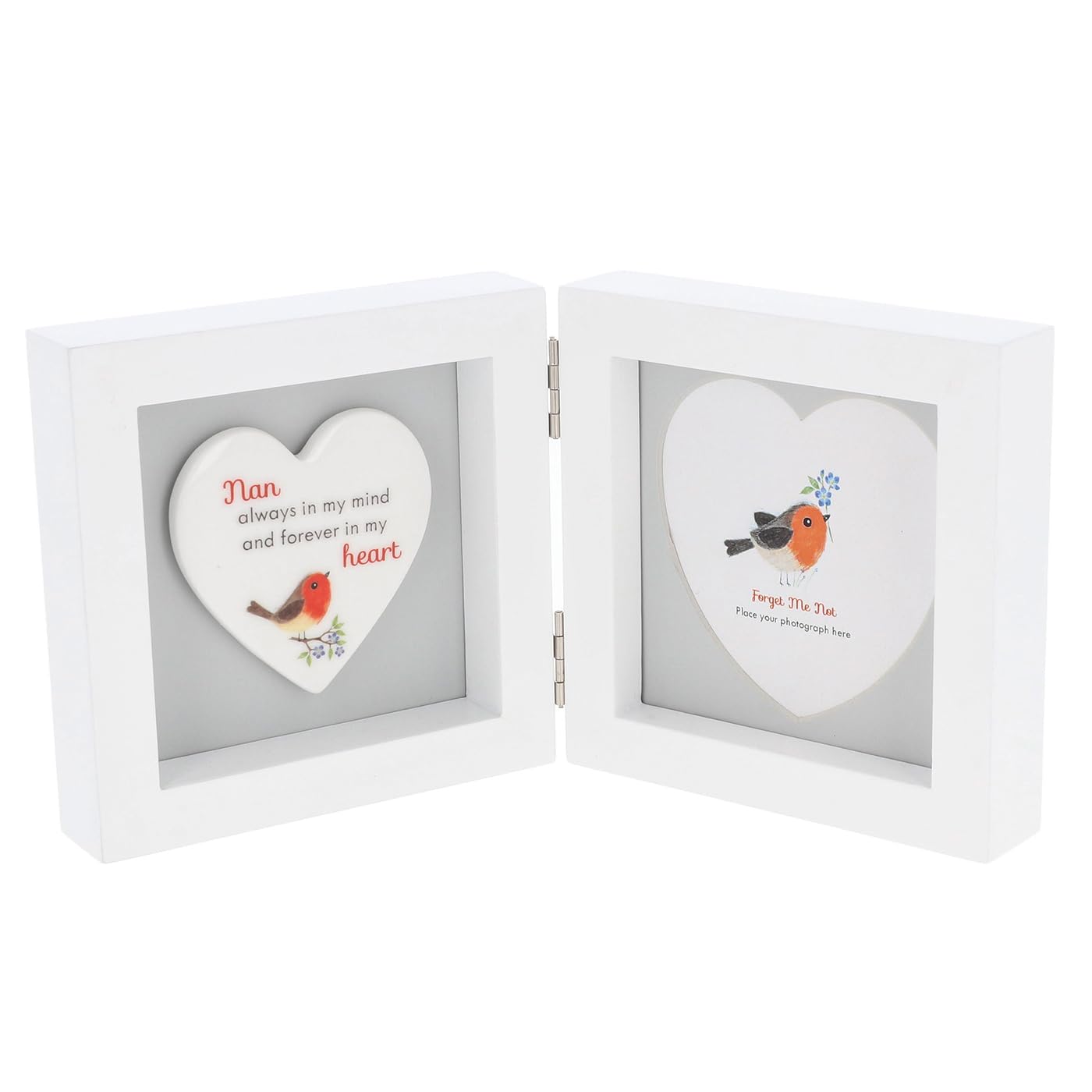 Shudehill Giftware Nan Forget Me Not Robin Themed Love Heart Plaque & Photo Frame - Mum, Dad Or Grandad Family Themed Sentimental Gift Idea With Meaningful Message (Nan)