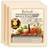 Grade 100+ PACKARDI Passiertuch 3 Stück ca. 50x50 cm je Käsetuch, Cheesecloth Filtertuch Seihtuch 100% ungebleicht, aus reiner Baumwolle, fusselfreie Mulltücher mit vernähten Ecken