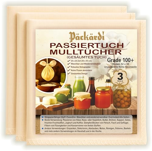 Grade 100+ PACKARDI Passiertuch 3 Stück ca. 50x50 cm je Käsetuch, Cheesecloth Filtertuch Seihtuch 100% ungebleicht, aus reiner Baumwolle, fusselfreie Mulltücher mit vernähten Ecken