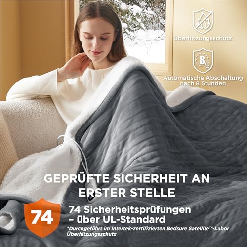 BEDSURE Heizdecke Wärmedecke Elektrische Kuscheldecke - Geschenke für Frauen - mit Abschaltautomatik, 6 Heizstufen & 10 Stunden Timer - bis zu 8 Stunden Überhitzungsschutz für Home & Office, Grau