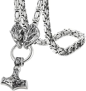 ADRAMATA Thors Hammer Necklace for Men Stainless Steel Norse Necklace Fenris Wolf Byzantine Chain Necklace Viking Pendant Necklace Mjolnir Thor Hammer Pendant Necklace Mens Viking Necklace Jewellery