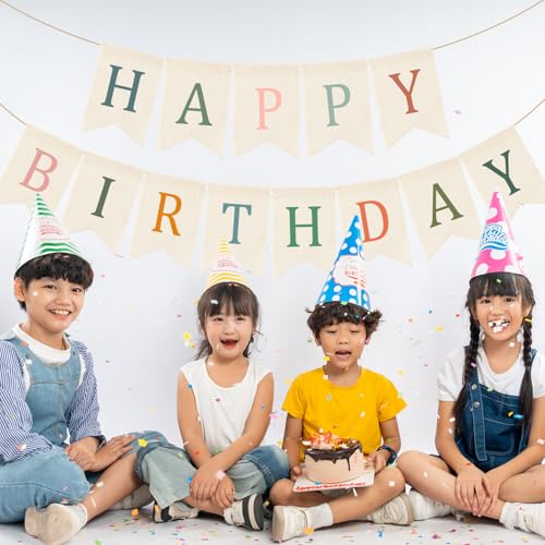 Image of Doumeny Happy Birthday Burlap Banner Boho Birthday Garland Bunting Sage Green Pink Bohemian Party Hanging Flag White Happy Birthday Party Bunting Garland for Women Men Birthday Photo Backdrop
