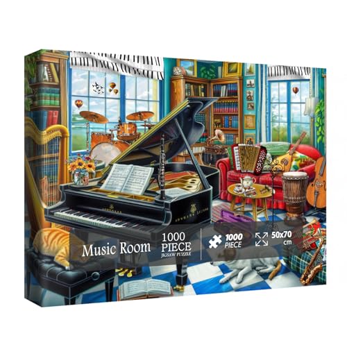 Music Room Puzzles for Adults 1000 Pieces, Pretty Musical Art Jigsaw Puzzles, Funny Cat Dog Puzzles