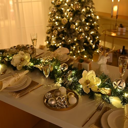 Valery Madelyn 9 Feet Pre-Lit Christmas Garland with Lights for Mantle, Lighted Outdoor Xmas Garland with White Gold Balls Magnolia for Home Stairs Fireplace Table Centerpiece Indoor Holiday Decor by Valery Madelyn - Image 3
