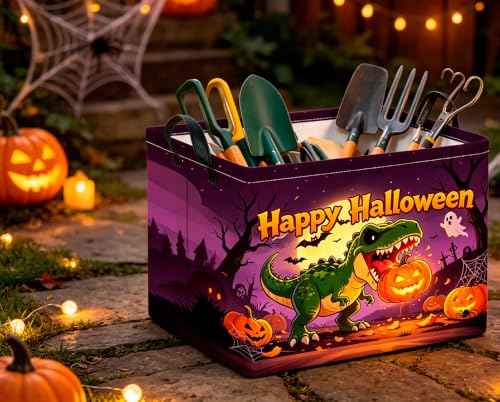 Image of CLOCOR Rectangular Storage Basket Empty,Gift Basket,Waterproof Storage Bin with Handles,Room Decor(Dinosaur Pumpkin Halloween)