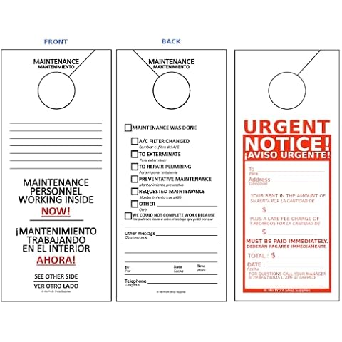 Maintenance Door Hanger Tags (50 Pack) AND Rent Past Due Door Hanger Tags (100 Pack) Bilingual English And Spanish for Property Management Rentals Apartments Cover