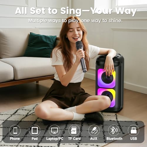 Image of Karaoke Machine with 2 Wireless Microphones, Portable Bluetooth Karaoke for Adults, Powerful Dual 8 inch Subwoofer Karaoke Boombox, LED Lights, 3D Sound, Support TV /USB /AUX /TF for Home Party