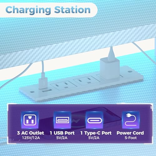 Image of DUMOS L Shaped Gaming Desk with Shelves Storage Drawers 52'', White Computer Desks with LED Lights Power Outlets, Office Wood Table with PC Stand Cable Management for Bedroom Dual Monitor Streaming