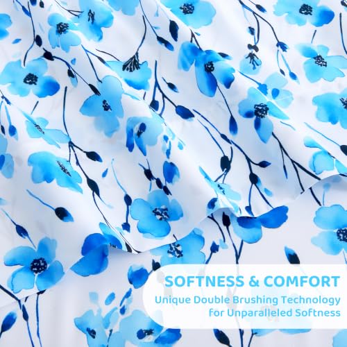 Image of Mooreeke Cozy Floral Blue Microfiber Printed Queen Sheet Set | Soft Breathable Gradient Blue Flower Sheets with Deep Pocket Non-Slip Fitted Floral Printed Queen Bedding for All Seasons