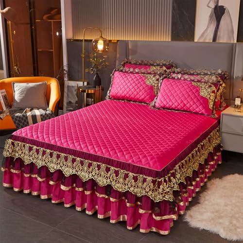 Image of Crystal Velvet Lace Bed Skirt, Queen/Full/King Size Quilted Bedspread Set with 2 Pillowcases, Ruffled Trim & Gold Floral Embroidery, Rhombus Texture