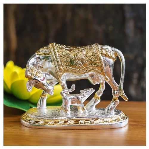 Image of Kamdhenu Cow with Calf | Vastu Idol is a Divine Cow & Calf Statue | Perfect for Pooja Rooms | Kamadhenu Cow & Calf (Gold & Silver, 4.5 Inch)