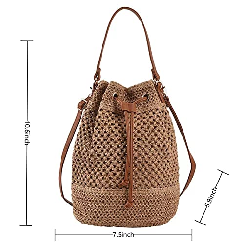 Image of Women Straw Drawstring Bucket Purse Small Tote Shoulder Handbag Hollow Out Cross-body Bag for Summer,Beach | Straw