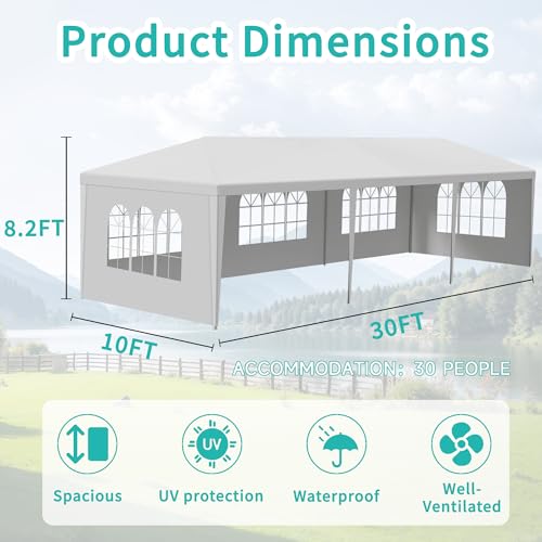 Image of 10' x 30' White Canopy Tent with 5 Removable Sidewalls, Outdoor Patio Gazebo with Transparent Windows, Shade Shelter Tents Ideal for Birthdays, Events, Parties, Weddings, Gatherings, BBQ