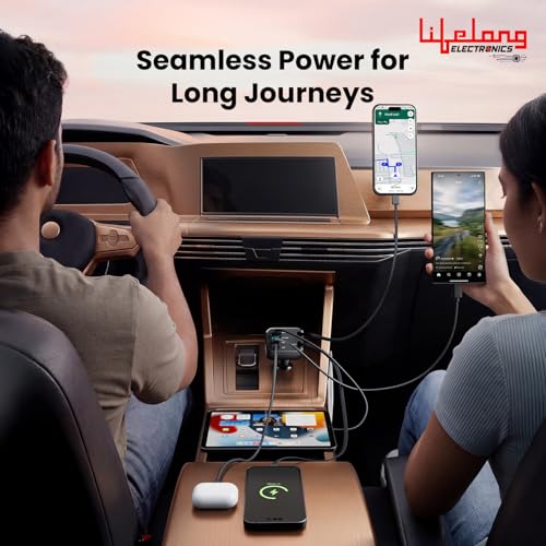 Image of Lifelong Electronics 5-in-1 Car Charger Adapter | 2 Retractable Cables (Type-C & Lightning) + 3 Ports (USB A + 2 Type C) | LED Display | Flexible Head | Charging for iPhone, Android & All Devices