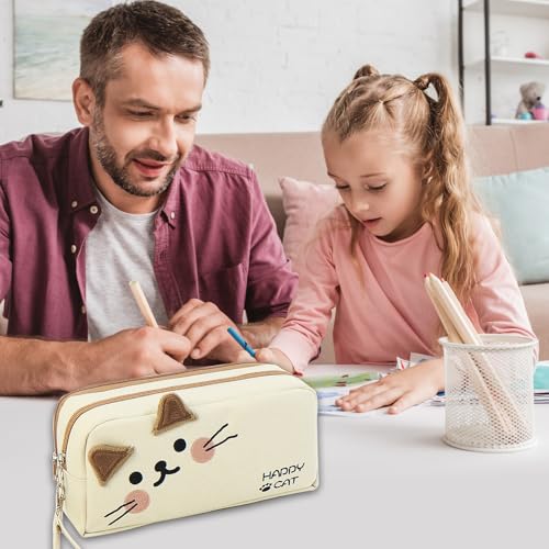 Image of Cat Large Pencil Case,Big Capacity Pencil Pouch Stationery Pen Bag Storage High Capacity Bag Pouch Holder Box Organizer(White)