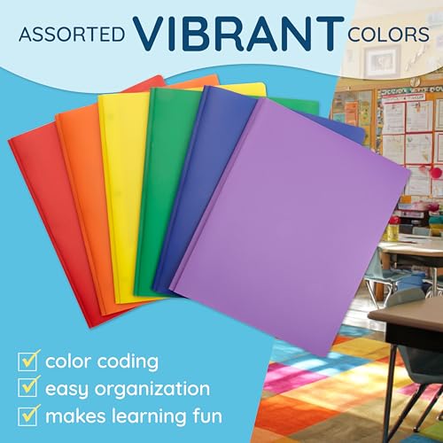 Blue Summit Supplies 6 Pack Multicolor Plastic Folders with Pockets and Prongs, 2 Pocket Plastic Folders with Prongs and Brads for School, Home, and Work