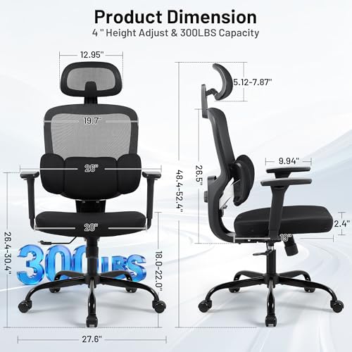 Image of Ergonomic Office Desk Chair, High Back Breathable Mesh Computer Chair, 3D Lumbar Support, 2D Headrest & 3D Armrests, 300lbs Heavy Duty Task Chair for Home Office Work Gaming, Black