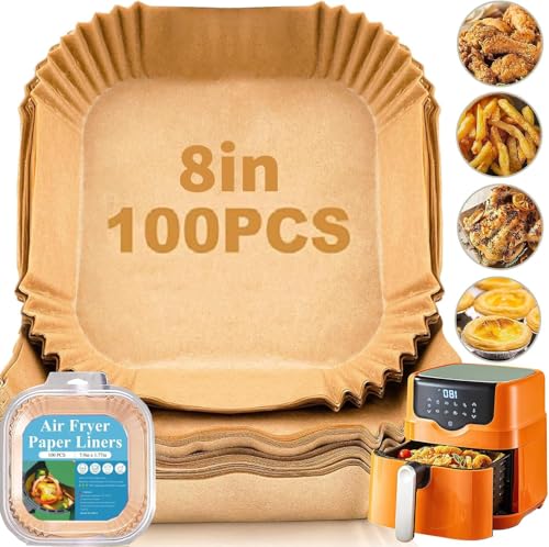 VELOKOVA Air Fryer Liners 8 Inch Square - 100 Pcs Greaseproof Parchment Paper, Non-Stick & Pre-Cut for Ninja AF300UK/AF400UK, Air Fryer Baskets | Food Safe & Easy Clean