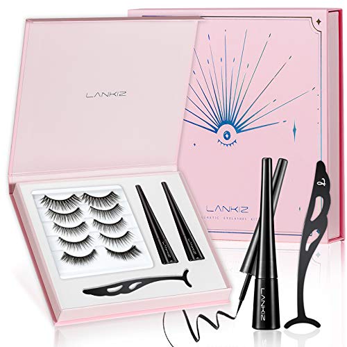 10 Magnets Magnetic Eyelashes With Eyeliner, LANKIZ Exclusive 3x Stronger 1mm Ultra-Light Magnets, 5D Magnetic Lashes Pack Natural Look with 2 Tubes Magnetic Eyeliner Kit & Unique Applicator Tool