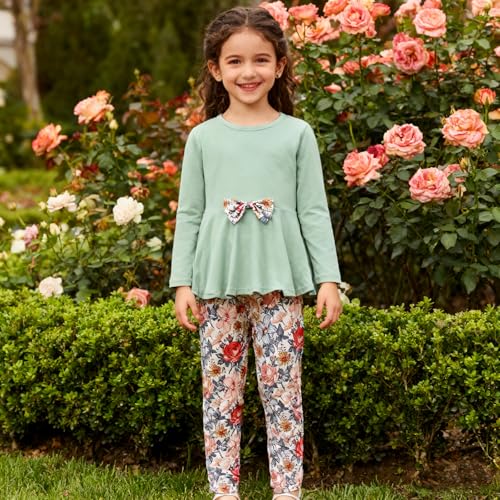 Image of Kids Toddler Girls Clothing Set Long Sleeve Top With Bowknot ＋Floral Print Pants 2 Pcs Fall Outfits Set