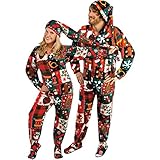 Ugly Christmas Sweater Fleece Drop Seat Footed Pajamas with Long Night Cap