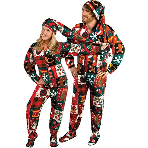 Ugly Christmas Sweater Fleece Drop Seat Footed Pajamas with Long Night Cap