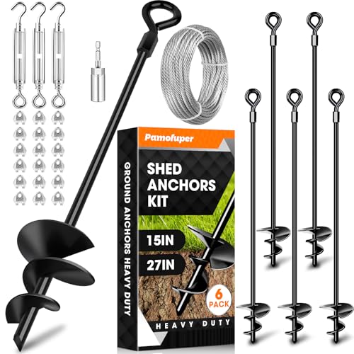 27in 6 Pack Ground Anchors with 3/16" Galvanized Cable Shed Anchor Kit, Trampoline Stakes Anchors High Wind  Ideal for Canopies, Sheds, Car Ports, Swing Sets Gazebo Greenhouse (27 in of 6 Pcs)