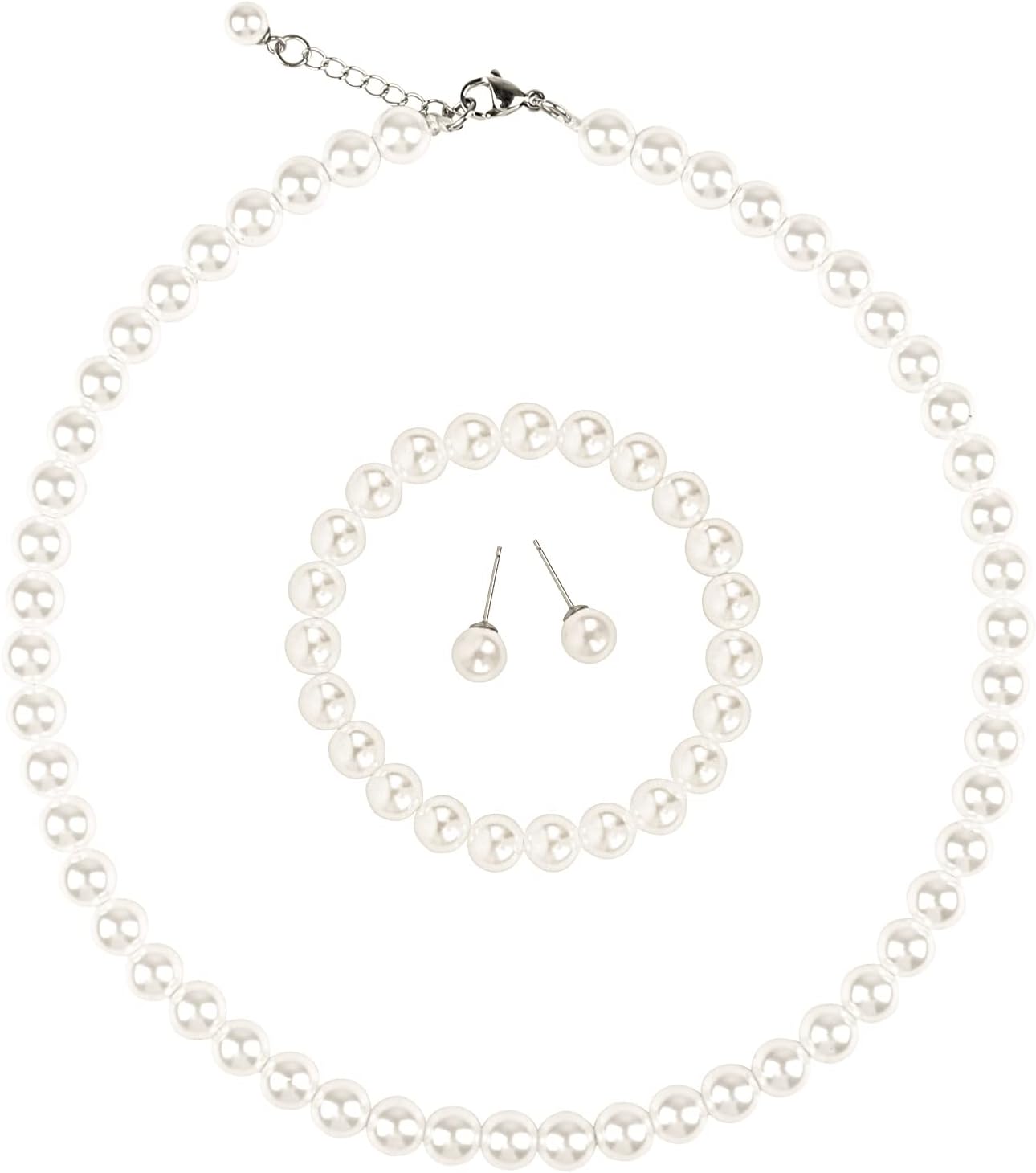 White Faux Hand Glass Imitation Pearls Necklace Earring Bracelet Jewelry 3 Set for Women and Girls