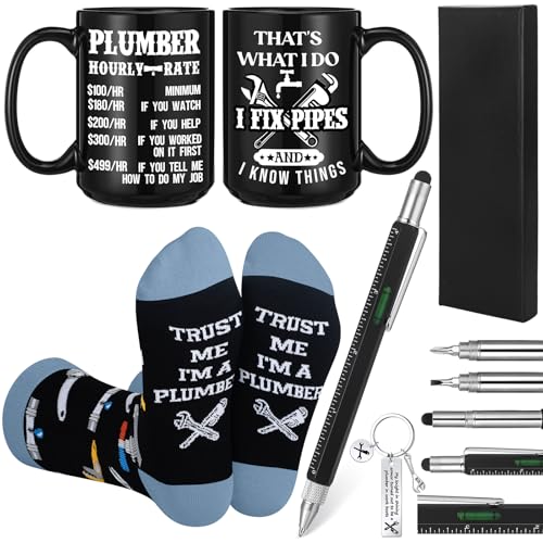 Panitay 4 Pcs Plumber Gifts Set for Men 9 in 1 Multi Tool Pen 14 oz Plumbing Coffee Mug Keychain Sock Funny Fathers Day Birthday Retirement Appreciation Gift for Pipefitter Tradesman Dad Husband