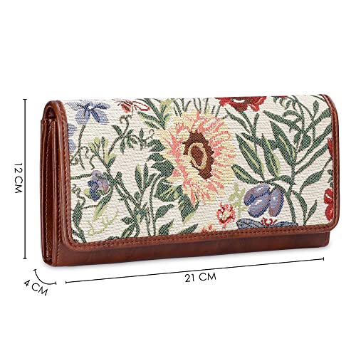 Image of THE CLOWNFISH Sharon Collection Tapestry Fabric & Faux Leather Snap Flap Closure Womens Wallet Clutch Ladies Purse with Multiple Card Holders (Flax)