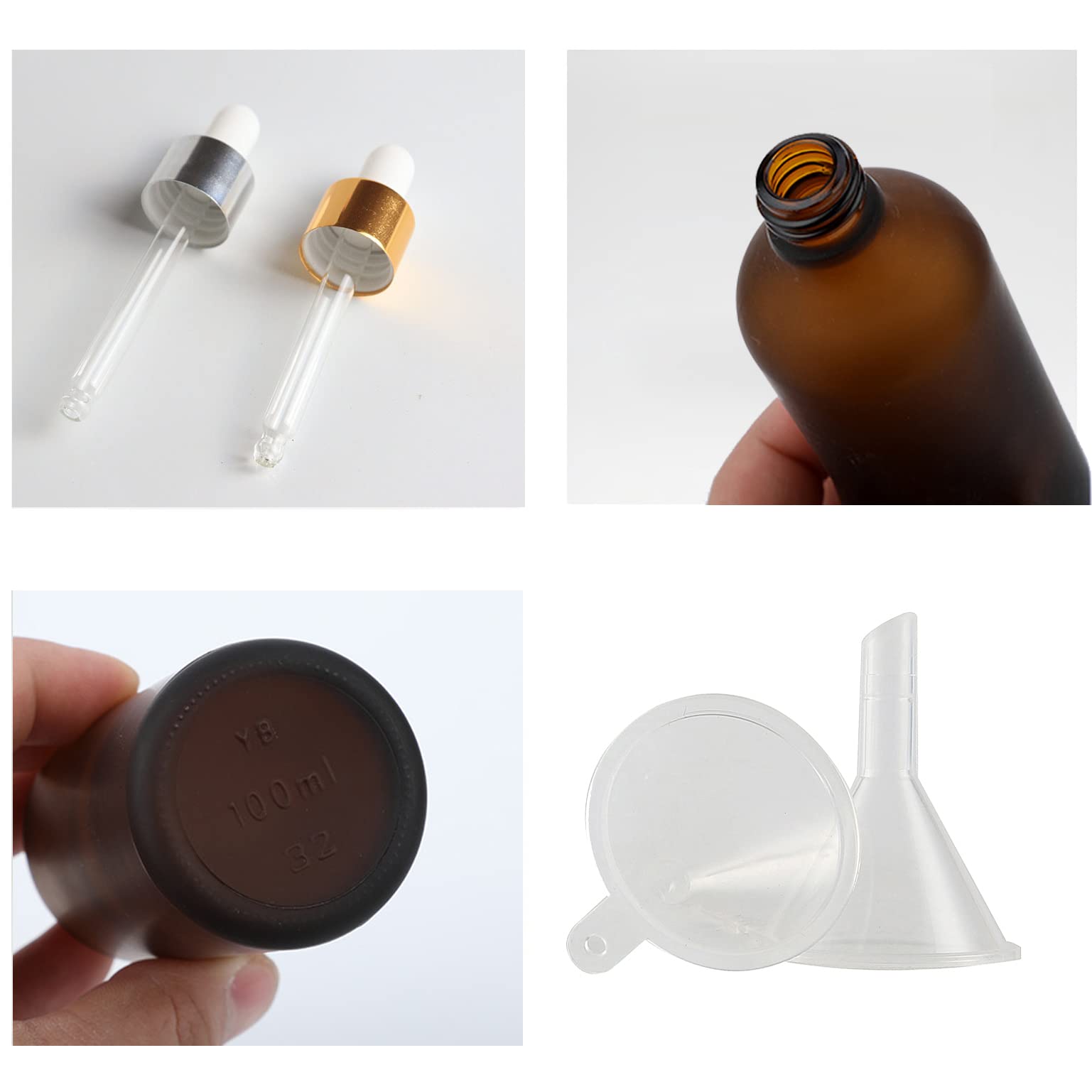 24 Stück 50 ml Gefrostet Braunglas Pipettenflasche mit Gold Pipettenring, Leere Glasflasche Glastropfer Glaspipette Tropfflaschen für Ätherische Öle Aromatherapie + 4x Trichter