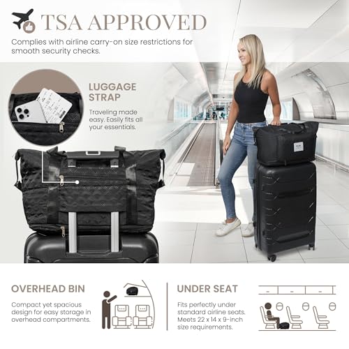 Velare Quilted Foldie Travel Bag – Expandable TSA Approved Carry On Luggage 22x14x9, Weekender Bag for Women, Waterproof Foldable Tote, Overnight Travel Shoe Bag, Fits Under Seat & Overhead Bin, Black2
