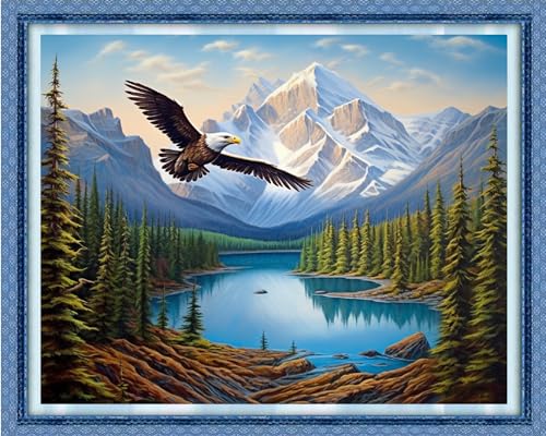 Image of Dooxvey Cross Stitch Kits for Adults Beginners,Full Range of Cross-Stitch Stamped Kits Needlepoint Kits for Beginners Embroidery Kits 11CT Cross Stitch Patterns-Mountain Flying Eagles 16x20 inch