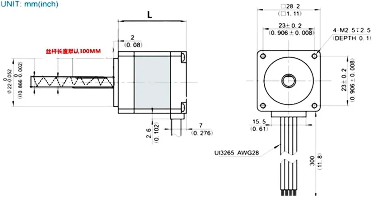 Nema11 Screw motor 11HS2810-T5*2 L50/100 /150mm Screw Rod Linear 28 Stepper Motor with Trapezoidal Lead for Drawing instrument(2810-T5X2-L50MM)