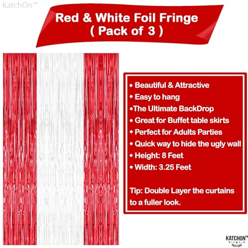 Image of KatchOn, Red and White Streamers - 3.2x8 Ft, Pack of 3 | Red and White Fringe Backdrop for Red Party Decorations | Fringe Backdrop for Proposal, Wedding Decorations | Engagement Party Decor