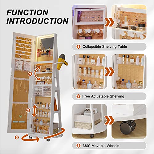 Image of HNEBC 360 Swivel Jewelry Armoire with Mirror, LED Mirror Jewelry Cabinet Standing, Full Length Mirror with Jewelry Storage, Standing Jewelry Organizer /Lockable Wheels /Foldable Makeup Shelf (White)