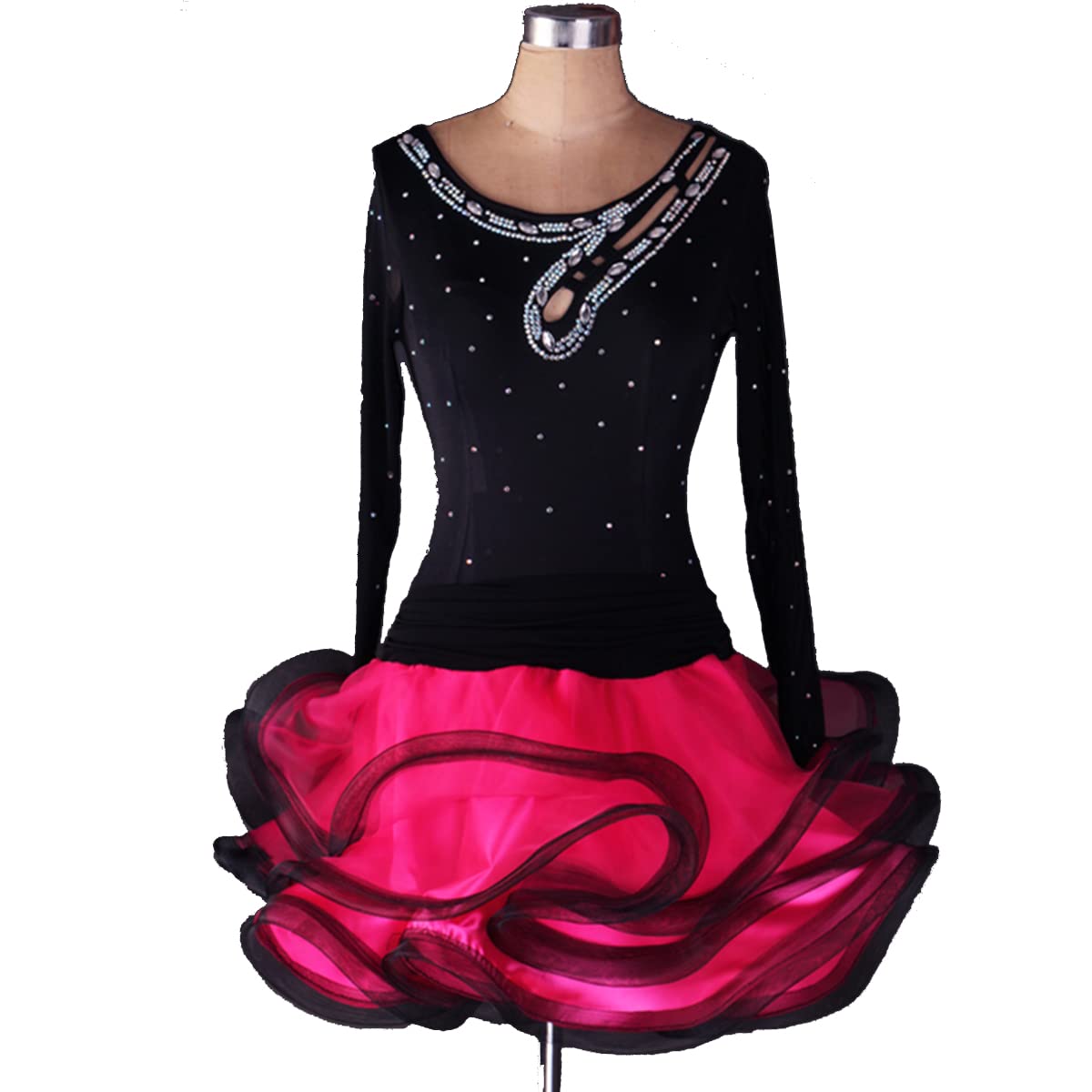 Damen Latein Tanzkleider Ballsaal Samba Cha Cha Kostüm Rundhals Langarm Latein Turnierkleid Tutu Tango Soziale Wettbewerb Kostüme Salsa Tanzen Outfit Foxtrot Praxisrock