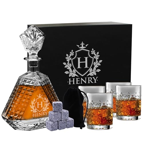 My Personal Memories, Personalized Scotch Whiskey Bourbon Glass 23 oz Decanter - Custom Engraved - Triangle Shape (Decanter and 4 Glasses)