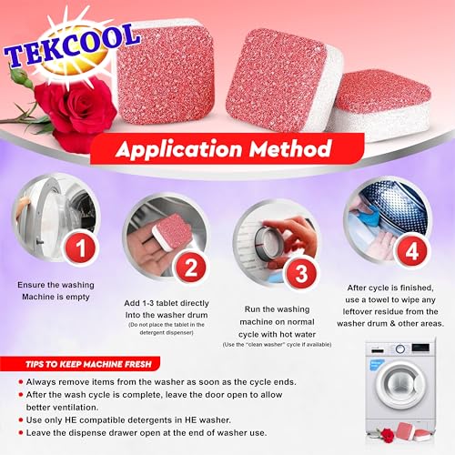 Image of TEKCOOL Washing Machine Cleaner Tablet Descaling Powder Tablets, Washing Machine deep Cleaner, Deep Cleaner Tablet All Company's Front and Top Load Machine (24 pcs) (Red Rose).