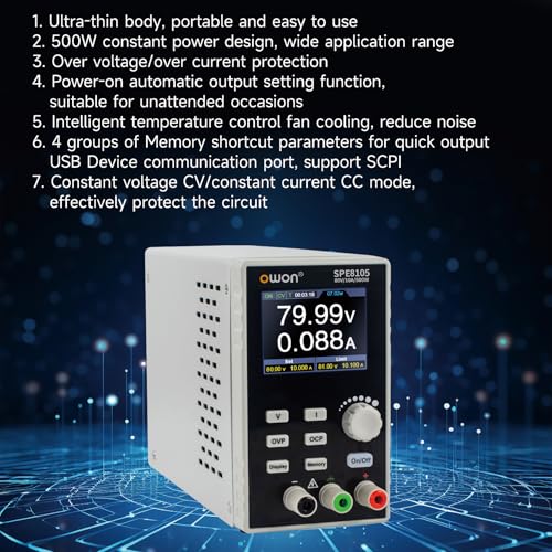 Image of OWON Lab Power Supply (0-80V 0-10 A), Programmable Max 500w Out Power Bench DC Power Supply with 2.8inch LCD Display and Output Enable /Disable Button SPE8105