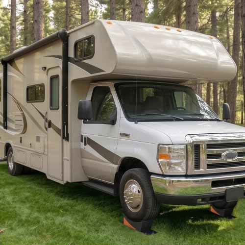 Image of OULEME RV Leveling Blocks, Camper Leveler System 2 Packs for Dual Axle Tandem Wheel Travel Trailer, Include 2 Curved Leveler Ramp, 2 Chock, 2 Rubber Mat, 1 T Bubble Level, 1 Carry Bag, Orange