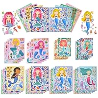 OSDUE 32 PCS Make a Face Sticker Sheets, Princess DIY Stickers for Kids Crafts, Make Your Own Stickers Mix and Match Sticker Sheets for Birthday Party Decorations Party Supplies (Mermaid-32 Sheets)