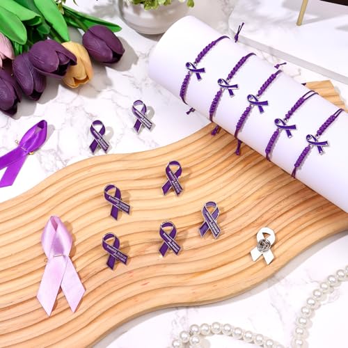 24pcs Domestic Violence Awareness Ribbon Pin&Bracelet Purple Ribbon Lapel Pin&Adjustable Bracelet Inspirational Domestic Violence Awareness Brooch Anti Violence Campaign Charity Supplies4
