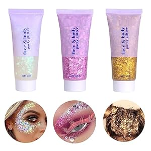 3 Colors Face and Body Glitter Gel,Holographic Cosmetic Laser Powder Festival Glitter Makeup,Sequins Shimmer Liquid Eyeshadow,Singer Concerts Music Festival Rave Accessories-150ML (White+Pink+Gold)