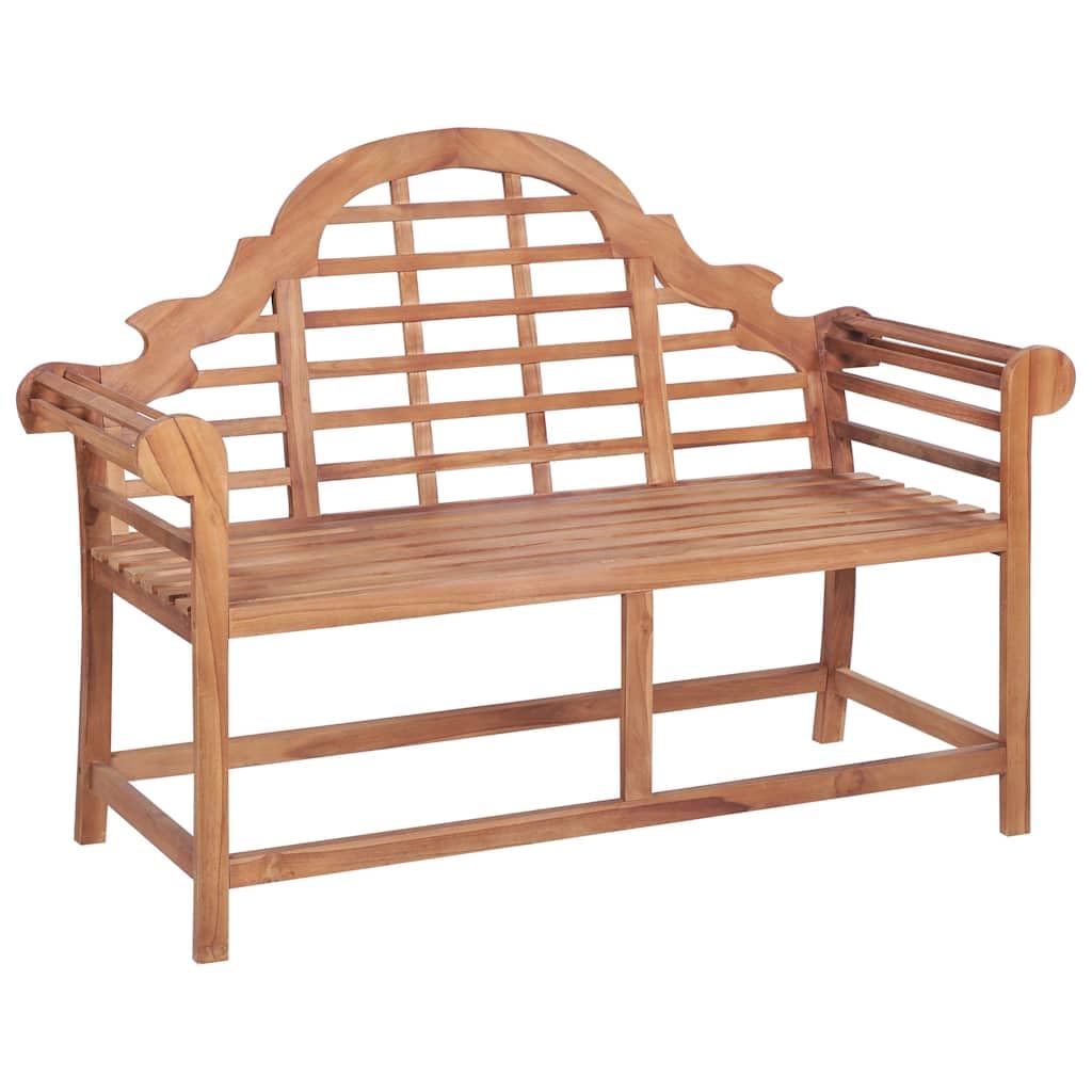 Ławka ogrodowa 127 x 58,5 x 92,5 cm, wykonana z litego drewna tekowego, odporna na warunki atmosferyczne, stabilne dwuosobowe siedzisko z podłokietnikami, oparciem i stylowym wzornictwem, na